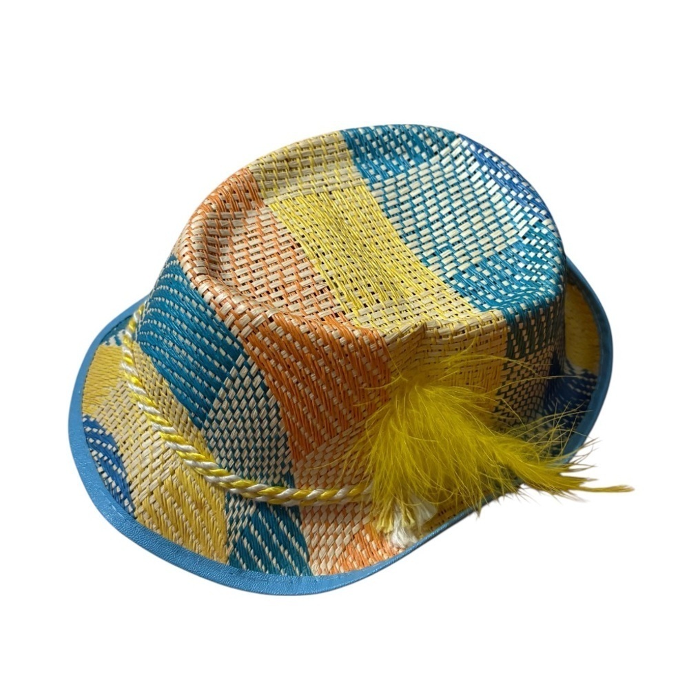 Vintage Kids Fedora W/ Feather Woven Basket Straw Hat Plaid Orange Yellow Blue